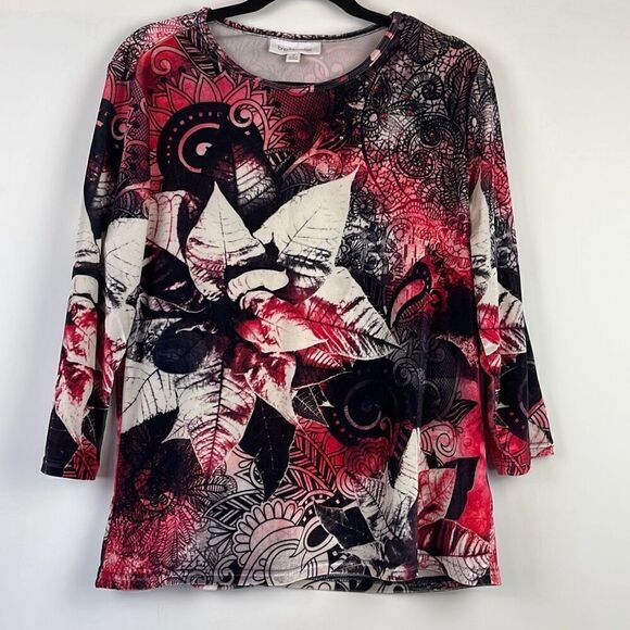 Breckenridge Women's Damask Floral Long Sleeve Tunic Top Red Medium - Picture 2 of 10